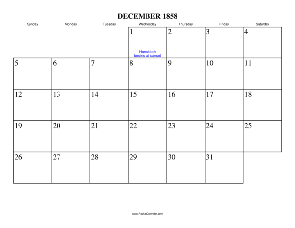 December 1858 Calendar
