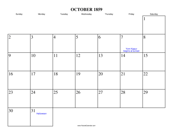 October 1859 Calendar