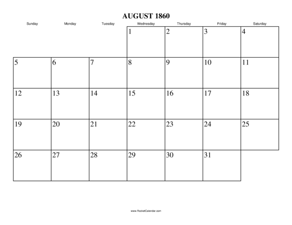 August 1860 Calendar