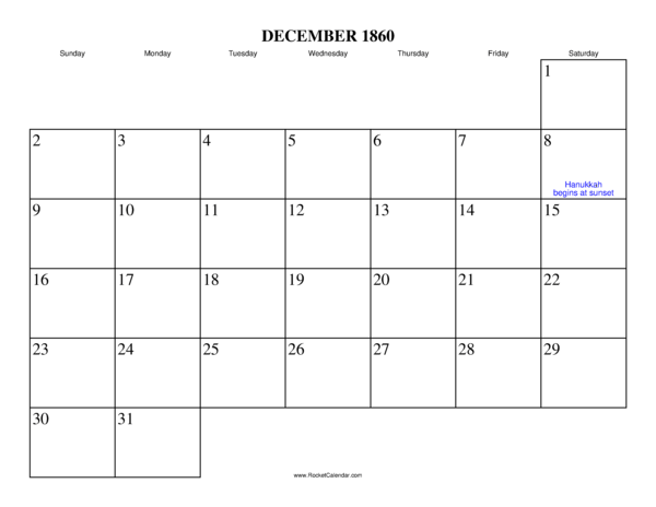 December 1860 Calendar