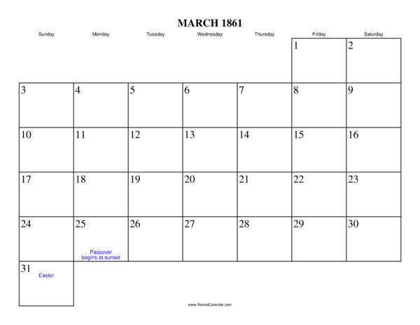 March 1861 Calendar
