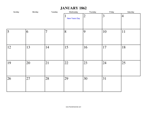 January 1862 Calendar
