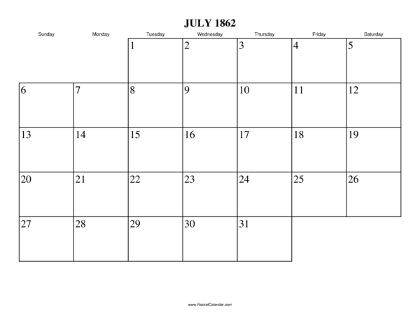 July 1862 Calendar