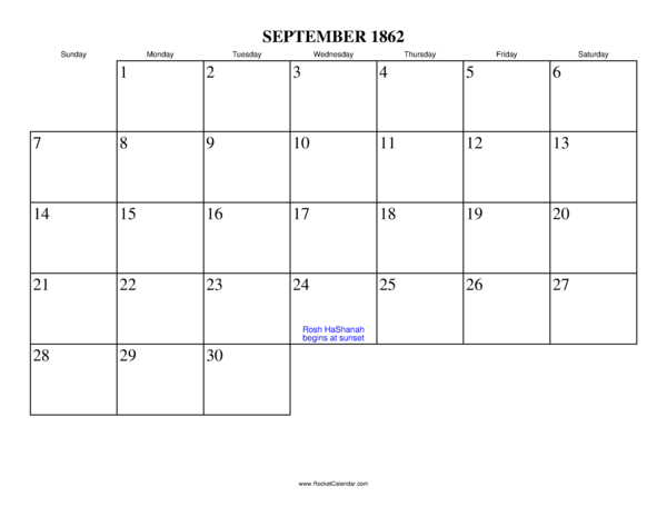 September 1862 Calendar