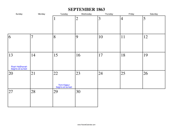 September 1863 Calendar
