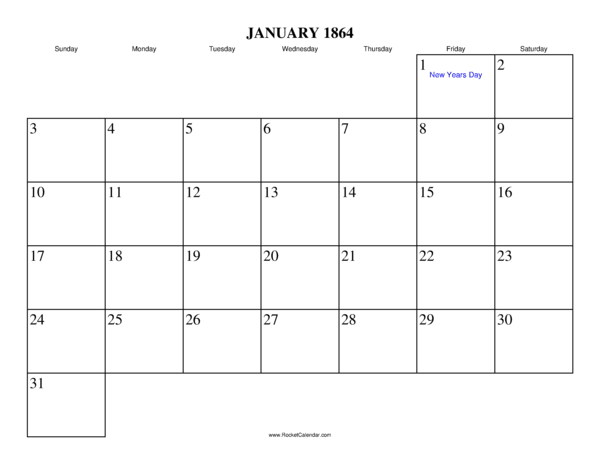 January 1864 Calendar