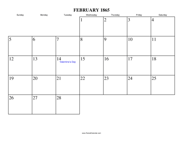 February 1865 Calendar