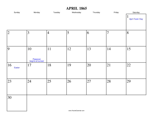 April 1865 Calendar