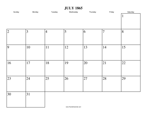 July 1865 Calendar