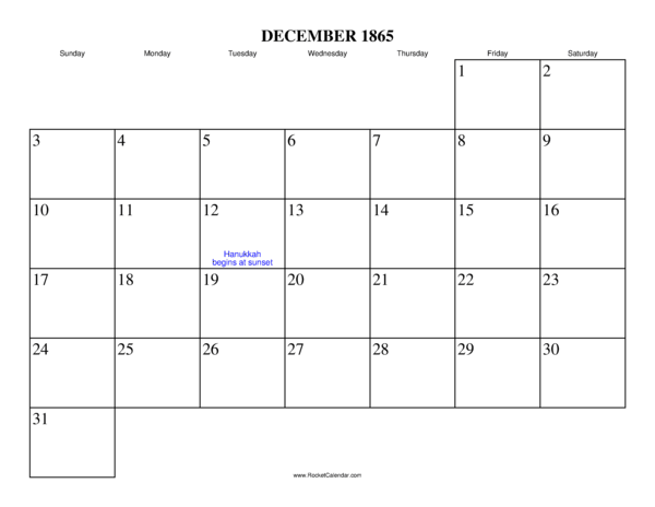 December 1865 Calendar