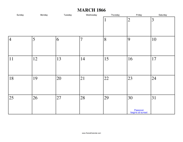 March 1866 Calendar