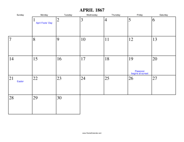 April 1867 Calendar