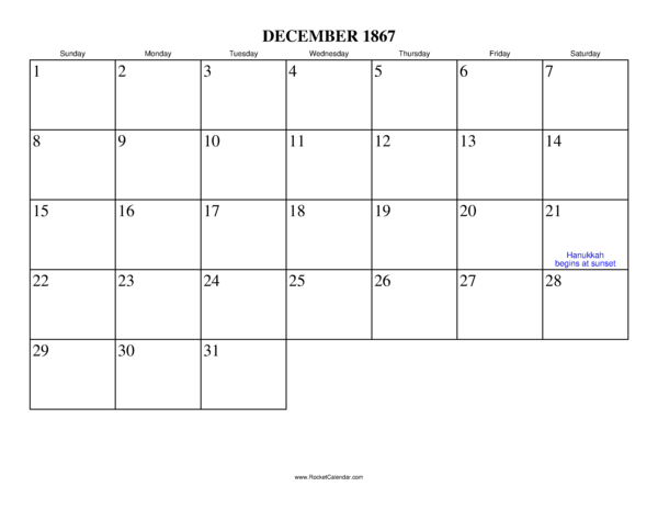 December 1867 Calendar