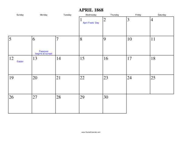 April 1868 Calendar