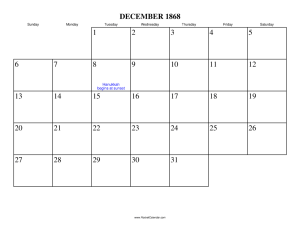 December 1868 Calendar