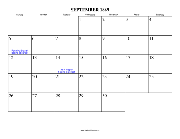 September 1869 Calendar