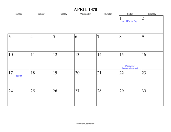 April 1870 Calendar