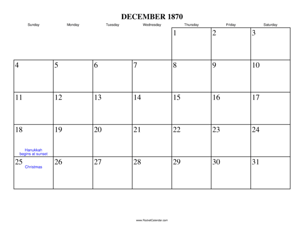 December 1870 Calendar