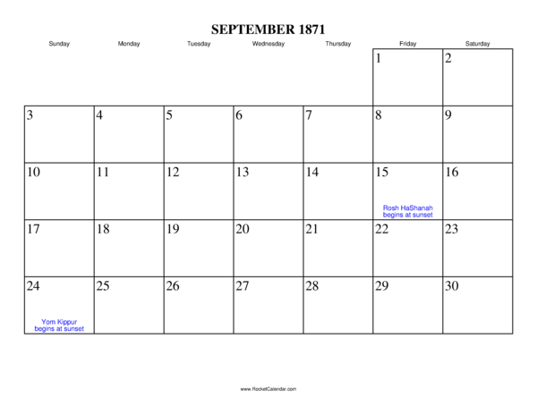 September 1871 Calendar