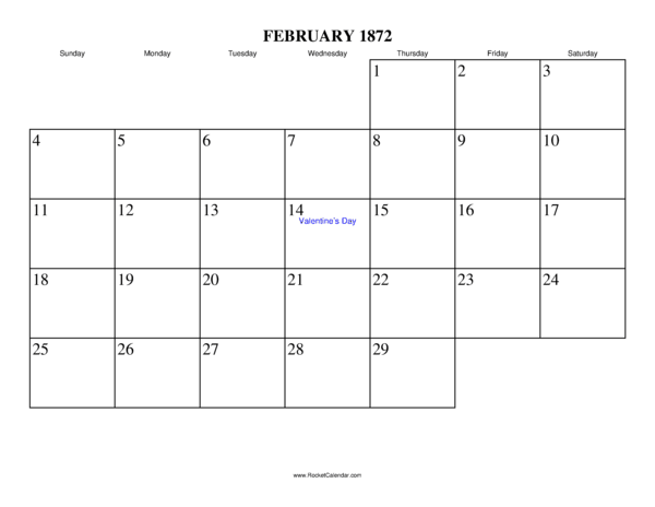 February 1872 Calendar