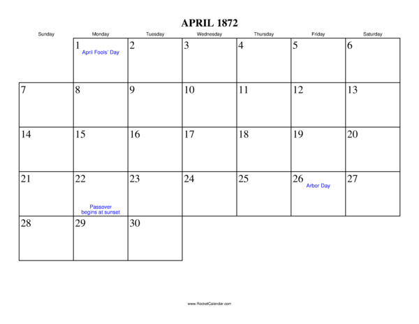 April 1872 Calendar