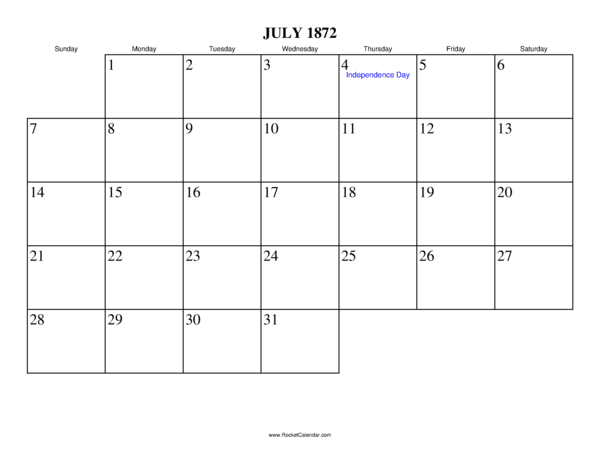 July 1872 Calendar