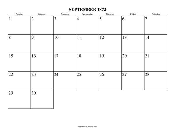 September 1872 Calendar