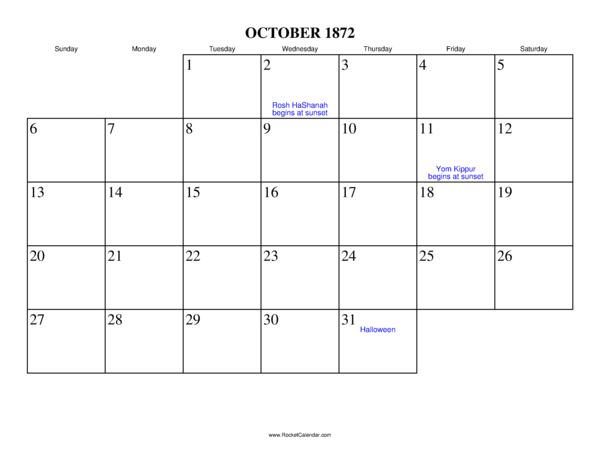 October 1872 Calendar