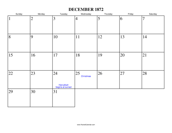 December 1872 Calendar