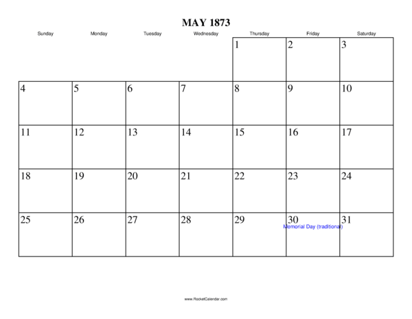 May 1873 Calendar