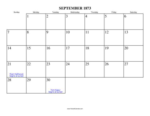 September 1873 Calendar