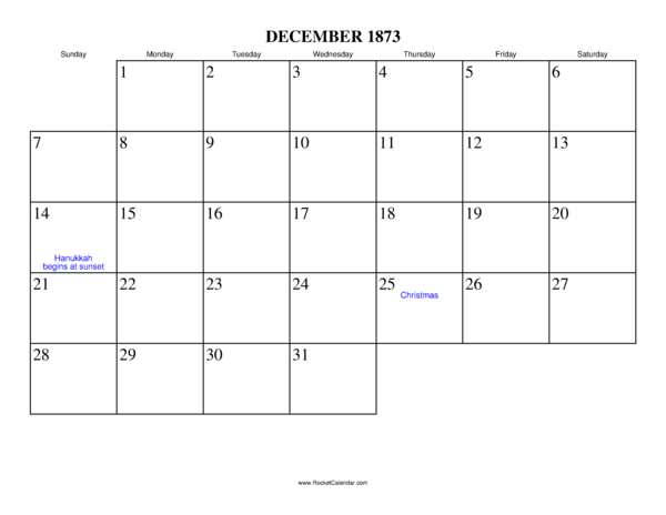 December 1873 Calendar