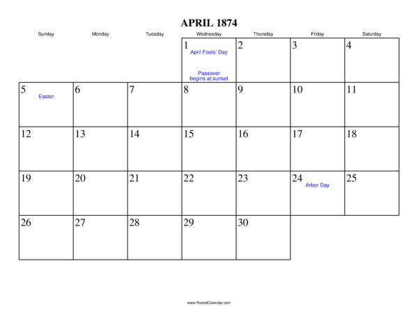 April 1874 Calendar