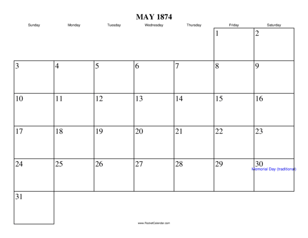 May 1874 Calendar