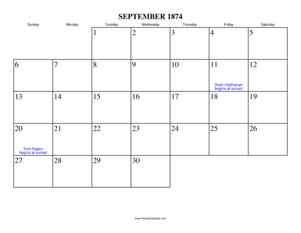 September 1874 Calendar