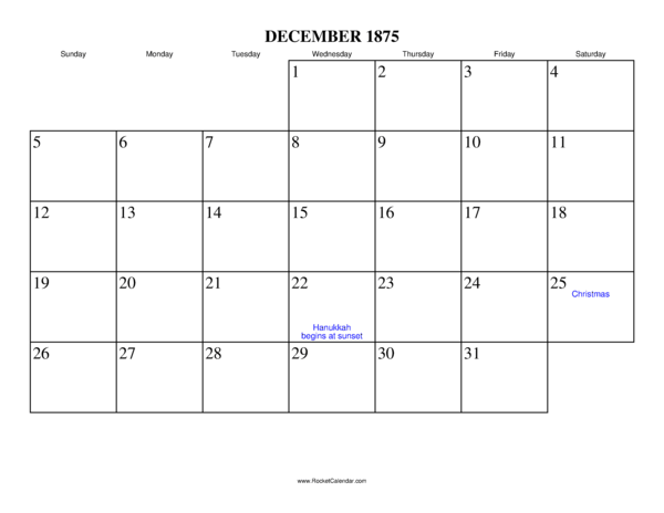 December 1875 Calendar