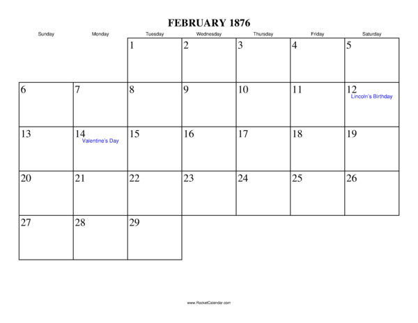 February 1876 Calendar