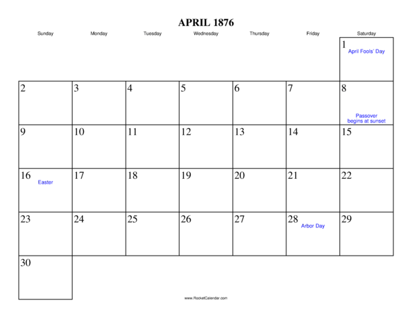 April 1876 Calendar