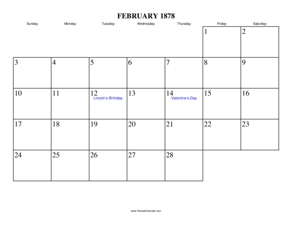 February 1878 Calendar