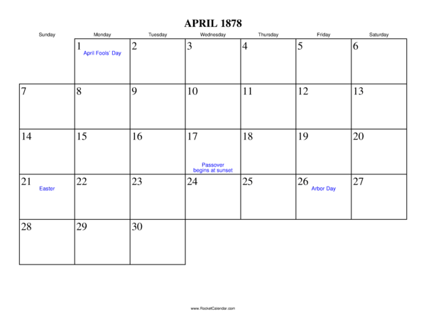 April 1878 Calendar