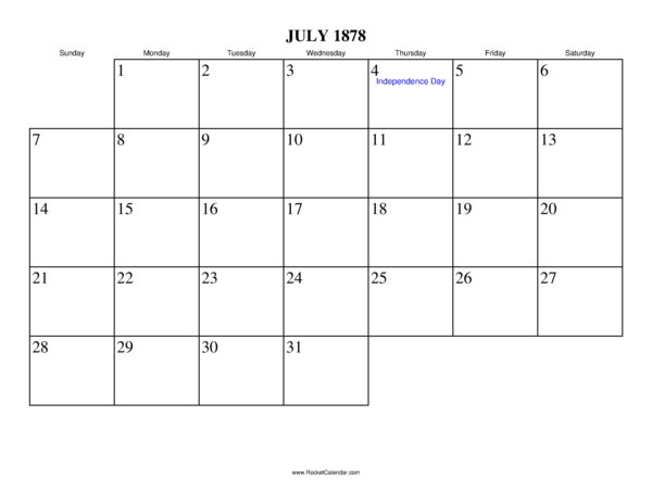 July 1878 Calendar