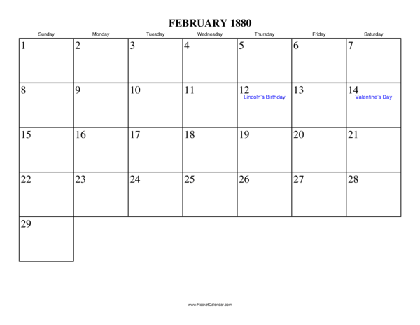 February 1880 Calendar