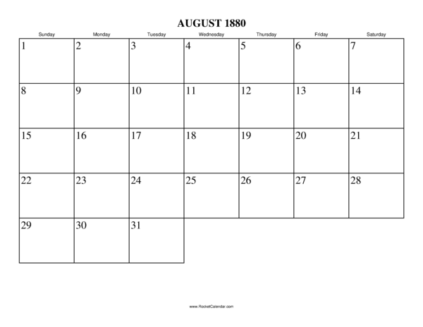 August 1880 Calendar