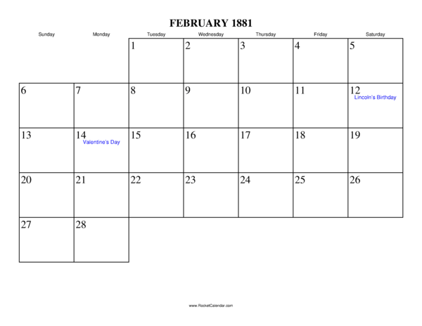 February 1881 Calendar