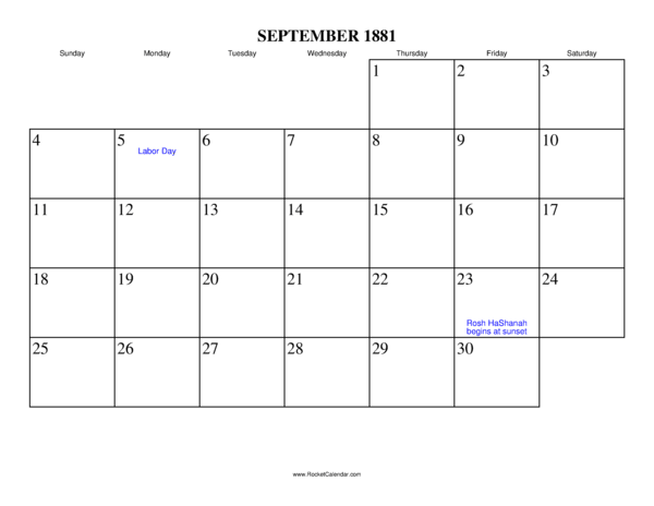 September 1881 Calendar