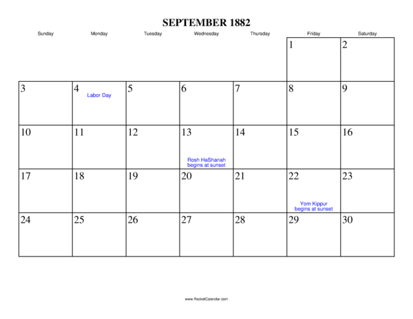September 1882 Calendar