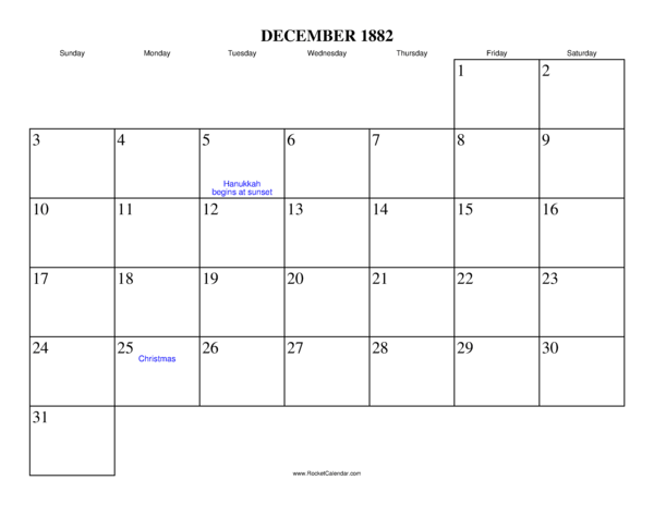 December 1882 Calendar