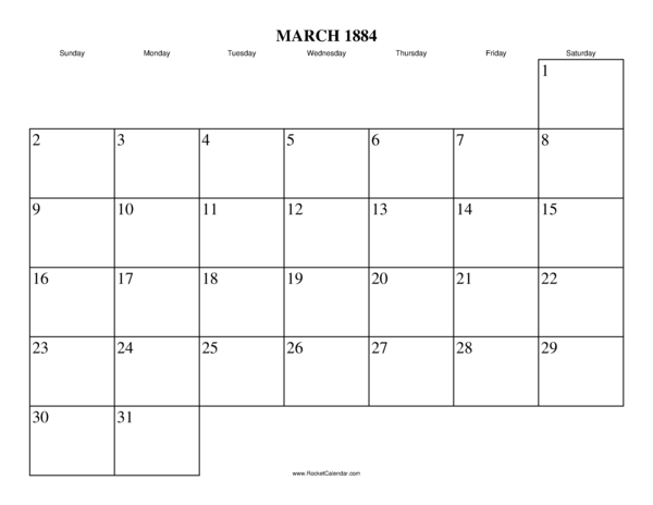 March 1884 Calendar