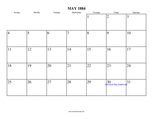 May 1884 Calendar