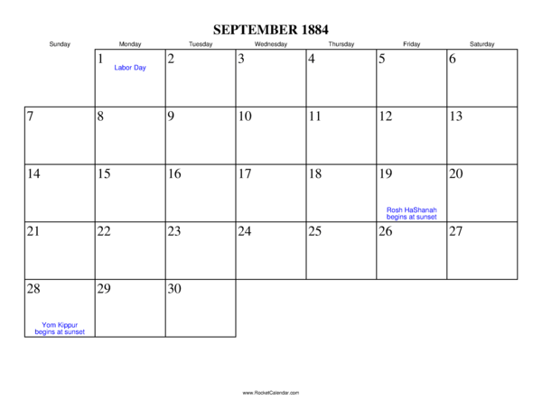 September 1884 Calendar